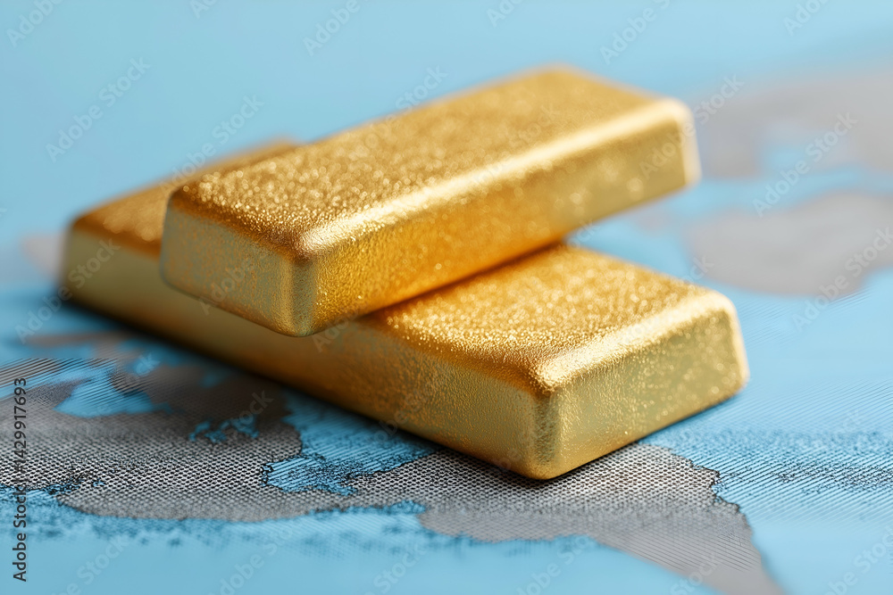 Poster two shiny gold bars resting on a textured surface, symbolizing wealth and investment, with a hint of