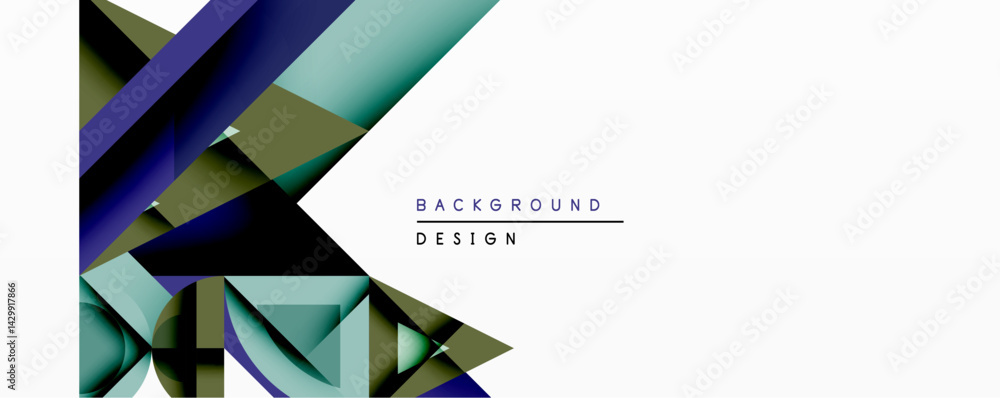 Poster abstract geometric design features layered shapes, dark blues, greens, black. minimalist composition