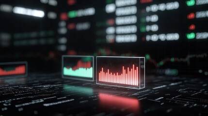 Futuristic Stock Market Visualization with Glowing Data and Trend Graphs in a Digital Environment