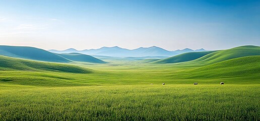 Obraz premium Rolling hills and vibrant grassland expanse under a tranquil azure sky