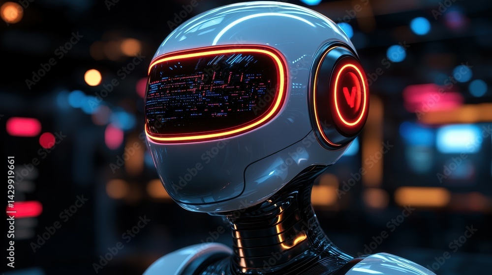Poster futuristic humanoid robot with glowing features against a tech-inspired background.