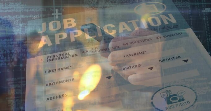 Man holding lighter burning job application form with programming code overlay showing tech theme