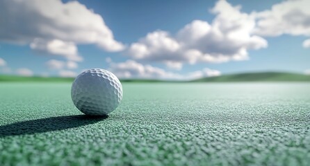 Golf ball and driver on the tee, golf course in the background, blue sky, sunny day