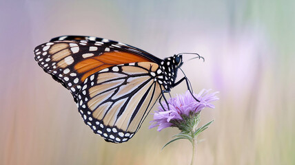 Fototapeta premium A monarch butterfly rests on a bright flower, showcasing vivid orange wings, black markings, and the beauty of pollination.