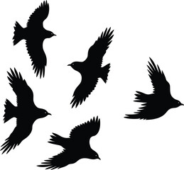 Obraz premium A set of black birds flying in formation across a white background in silhouette style representing freedom unity and movement in nature.