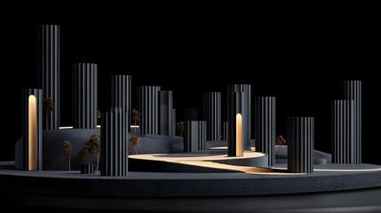 Obraz premium Abstract Dark Cityscape Minimalist Architectural Model Night