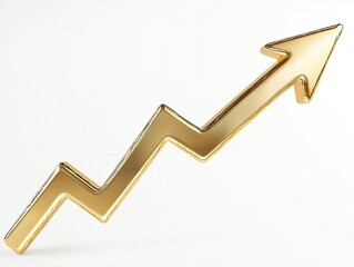 Golden arrow pointing upward representing stock market growth, isolated on white background  