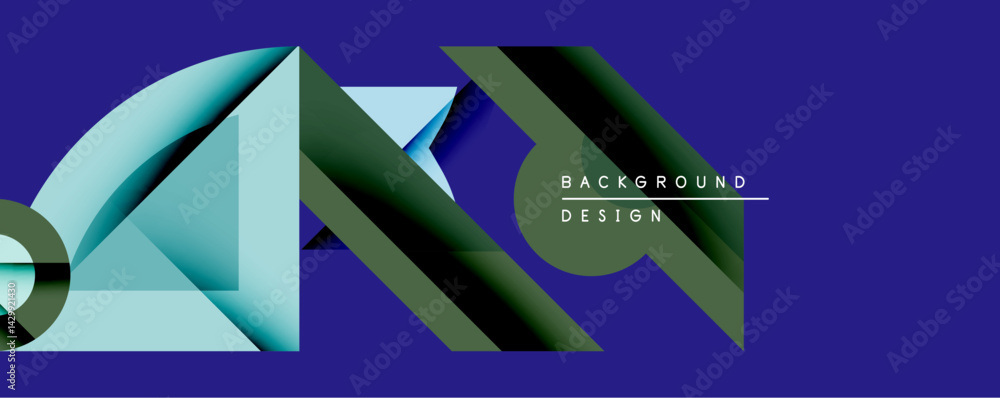 Poster Abstract geometric composition. Overlapping shapes create layered effect. Blue, green gradients dominate dark purple background. Modern design element for digital projects.