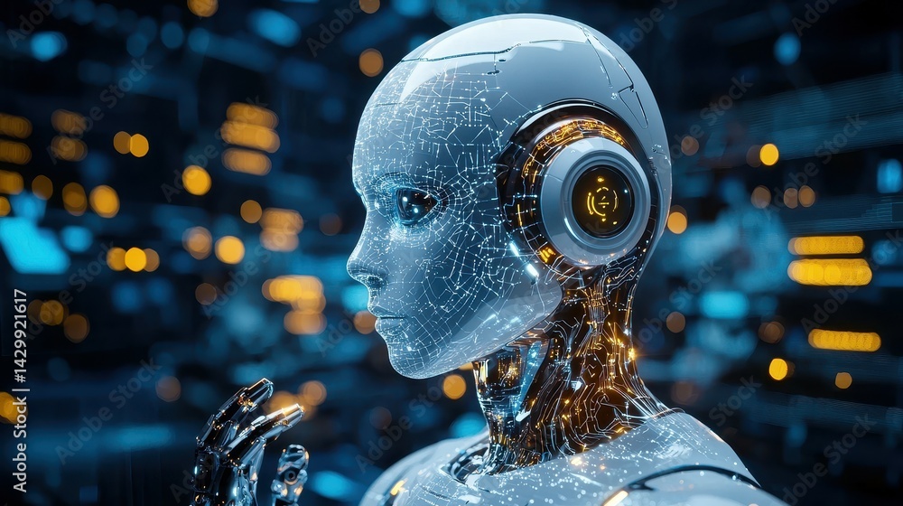 Aufkleber futuristic humanoid robot with a digital interface and glowing circuitry.
