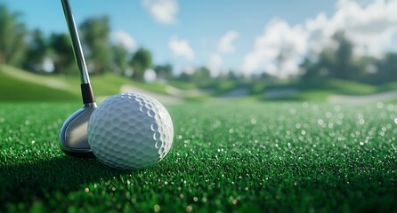 Golf ball and driver on the tee, golf course in the background, blue sky, sunny day