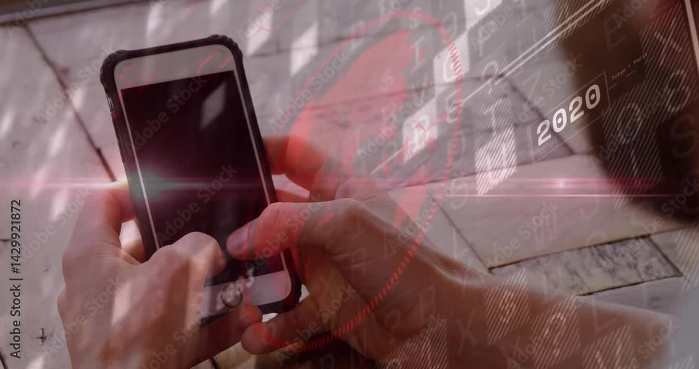 Aufkleber man's hands holding smartphone over wooden table, displaying tech data with codes 2016, graph
