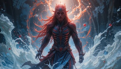 Obraz premium Woman with Red Hair and Fantasy Armor Standing in Storm