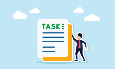 businessman standing next to a document labeled TASK, illustration of completing a business project task