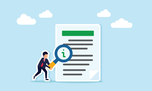 businessman holding a magnifying glass marked with the letter i to examine a document, illustration of observing and studying product information or usage instructions