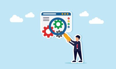 businessman holding a magnifying glass to observe a gear on an application interface, illustration of monitoring how an application system works