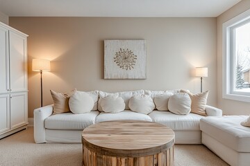 Bright, cozy living room with neutral color scheme