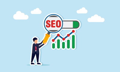 businessman holding a magnifying glass to observe SEO on a search engine and chart, illustration of monitoring and analyzing SEO performance and optimization progress