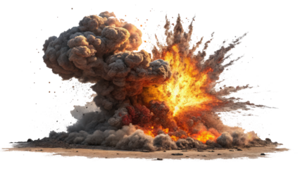 powerful explosion with fiery flames and thick smoke billows into sky, creating dramatic and intense scene. ground is scorched, and debris is scattered around