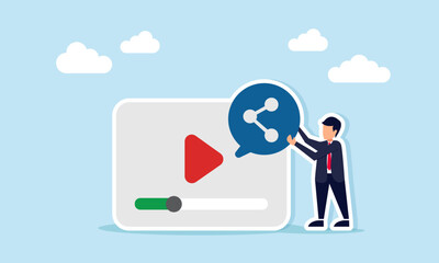 businessman standing next to a multimedia application interface holding a chat dialog marked with share, illustration of sharing information via multimedia or social media