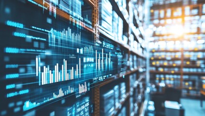 Digital dashboard with financial data displayed in a warehouse