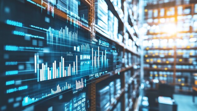 Digital dashboard with financial data displayed in a warehouse