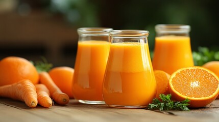 fresh orange carrot juice trio with sliced orange and carrots on wooden surface