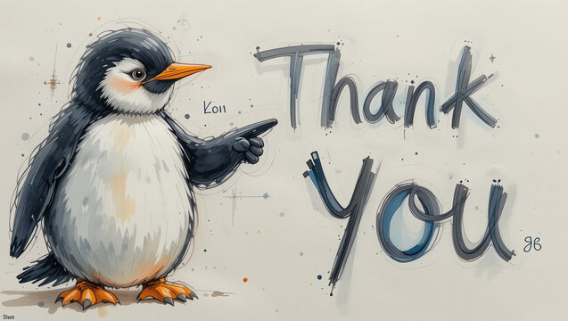 A charming illustration of a penguin thanking viewers with a friendly gesture, embodying warmth and gratitude.