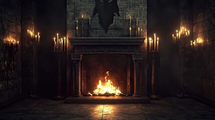 Dark, ancient fireplace bathed in flickering candlelight.