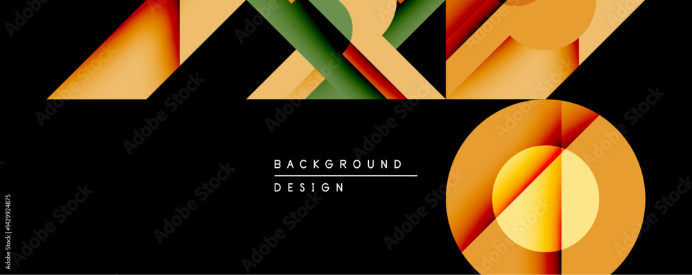 Poster abstract geometric design features layered shapes, warm color palette. orange, brown, green tones co