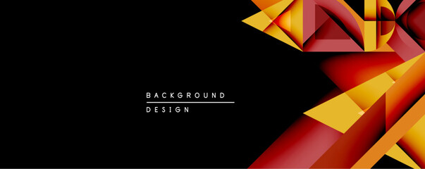 Abstract geometric design features vibrant orange, red, gold gradients. Shapes overlap creating dynamic visual interest against dark backdrop. Modern, stylish presentation.