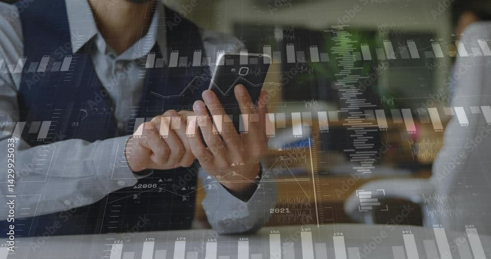 Aufkleber man tapping smartphone in modern business office, displaying floating data charts and graphs