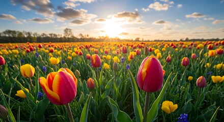 Sunset over a Vibrant Tulip Field