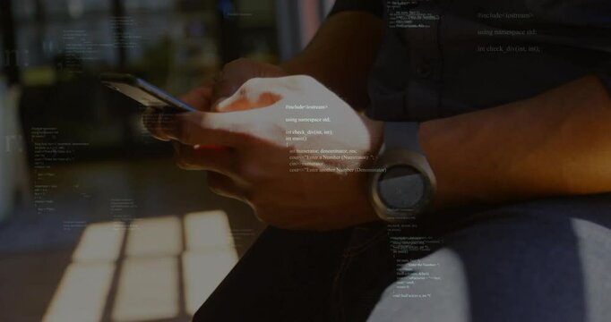 streaming C++ code overlay on smartphone while smartwatch catching sunlight grid shadows