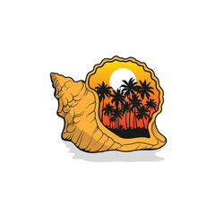 Palm tree silhouette Inside the shell icon. Simple flat vector illustration. Vector illustration design Palm Tree and island at sunset

