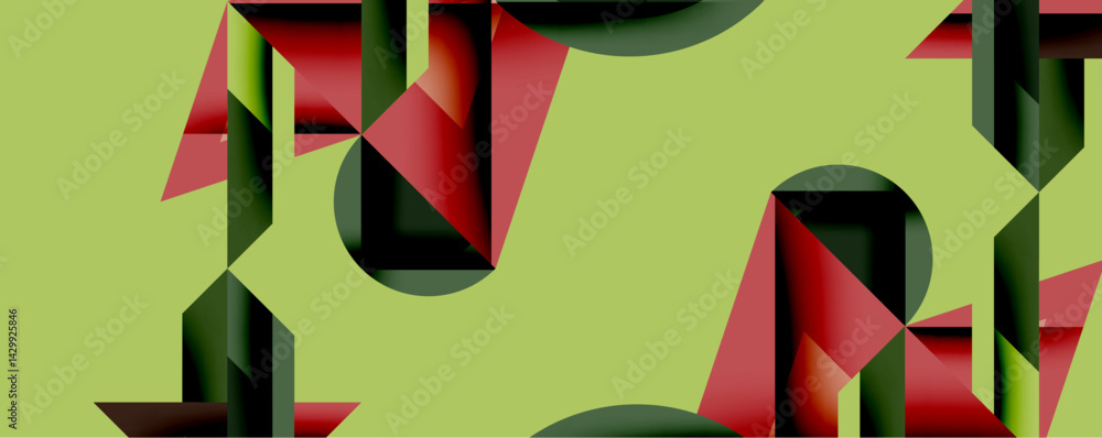 Poster Abstract geometric composition. Red, dark green, black shapes overlap pale yellow background. Minimalist design features angular forms, creating dynamic visual texture.