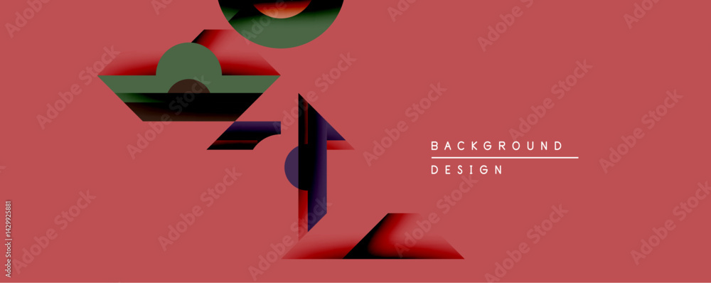 Poster abstract geometric shapes overlap on coral background. dark shades create depth, contrasting with vi
