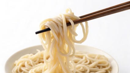 Noodles being lifted with chopsticks from a bowl.