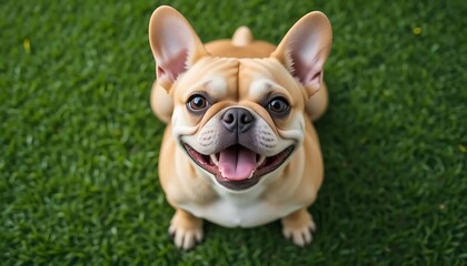 Fototapeta premium Delightful fawn French Bulldog gazing upwards on vibrant green grass lawn
