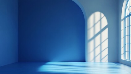 Sunlight streams into a modern blue room