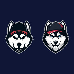 Cool Cartoon Husky Dog Mascot Heads with Baseball Caps Graphic Illustration Duo