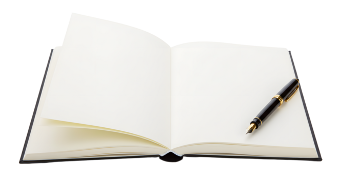 An open notebook with blank pages and a fountain pen resting on it, suggesting a moment of inspiration for writing or note-taking