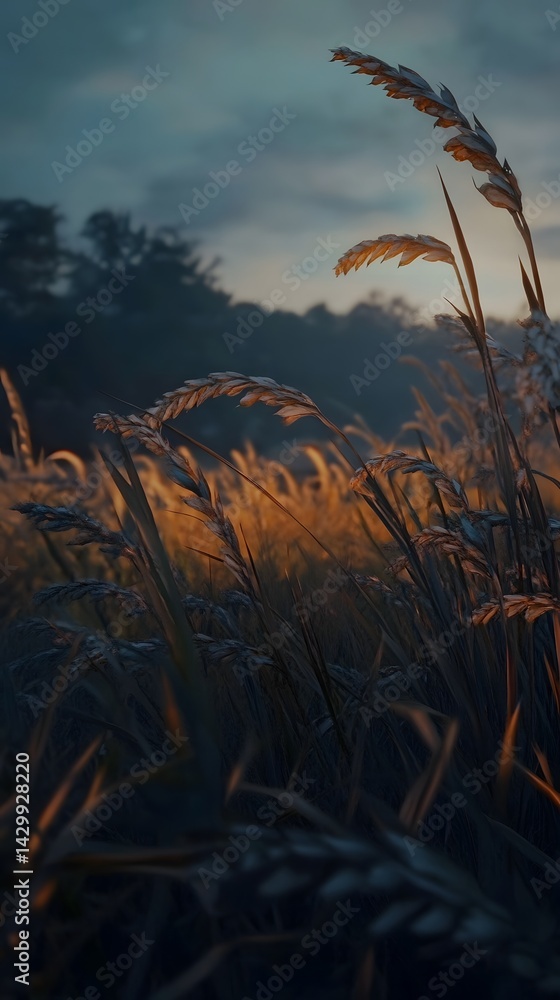 Poster as the sun sets a field of wild oats sways gently in the fading light creating a serene and atmosphe