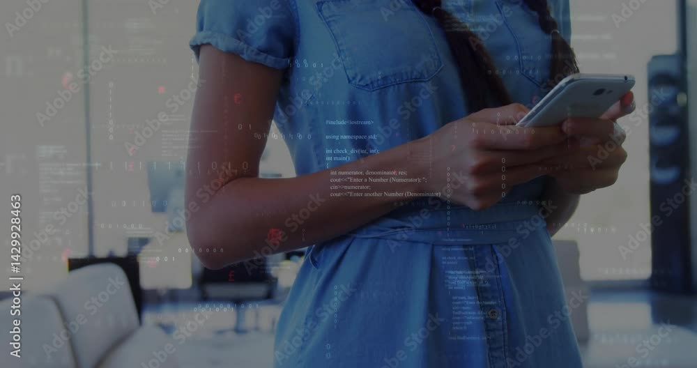 Poster woman holding smartphone in modern office, viewing floating binary and c++ code overlays