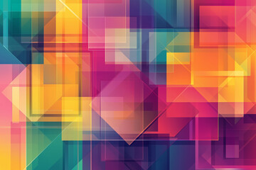 Abstract background with colorful geometric figures and squares of pink, orange, yellow, green, blue, purple and red