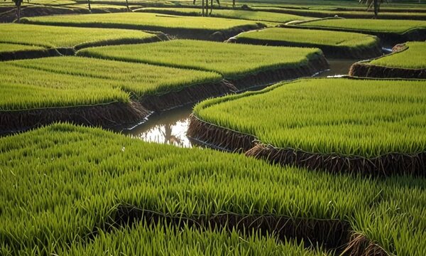 Lush Green Paddy Fields, Irrigated Farmland, Sunrise. Possible stock photo use Agriculture, rural life