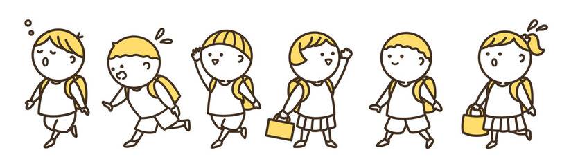 登校、下校している子供たちのシンプルイラスト