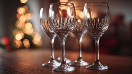 A row of wine glasses on a wooden table, celebrating warmth and togetherness
