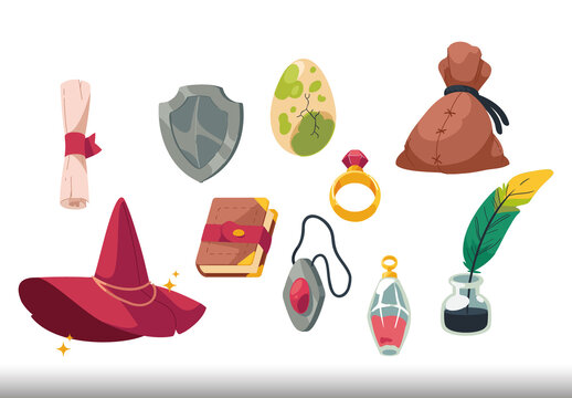Colorful Fantasy Magical Objects Illustration Set