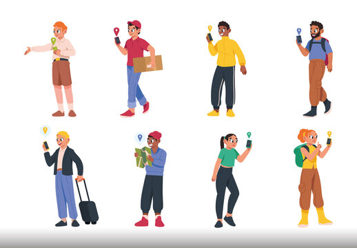 Colorful People Using Map Navigation Illustration Set