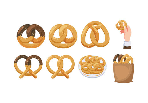 Colorful Tasty Fresh Baked Pretzel Illustration Set